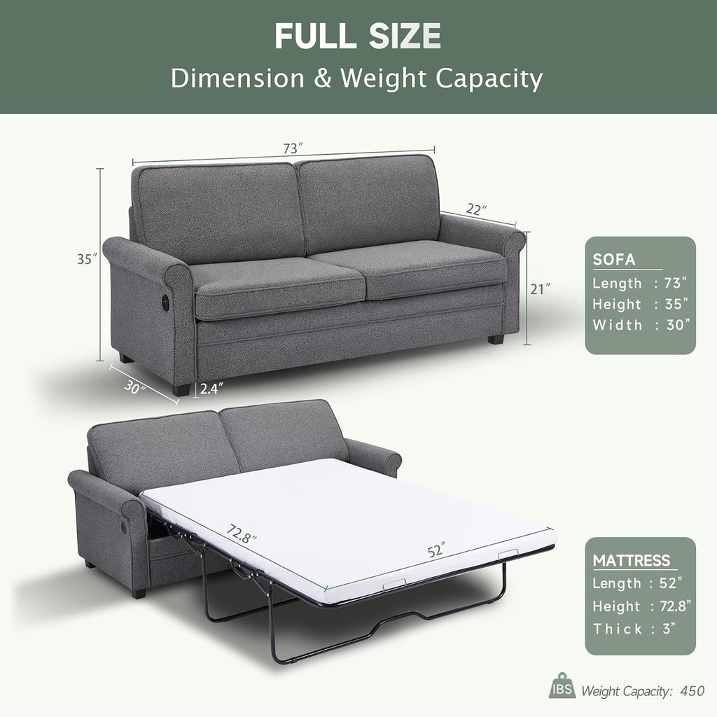 ONBRILL Pull Out Sofa Bed, 2-in-1 Full Size Convertible Sleeper Sofa Couch with Pull Out Bed, USB Charging Port, Hide a Mattress with Menmory Foam, Loveseat Couch for Living Room, Dark Grey