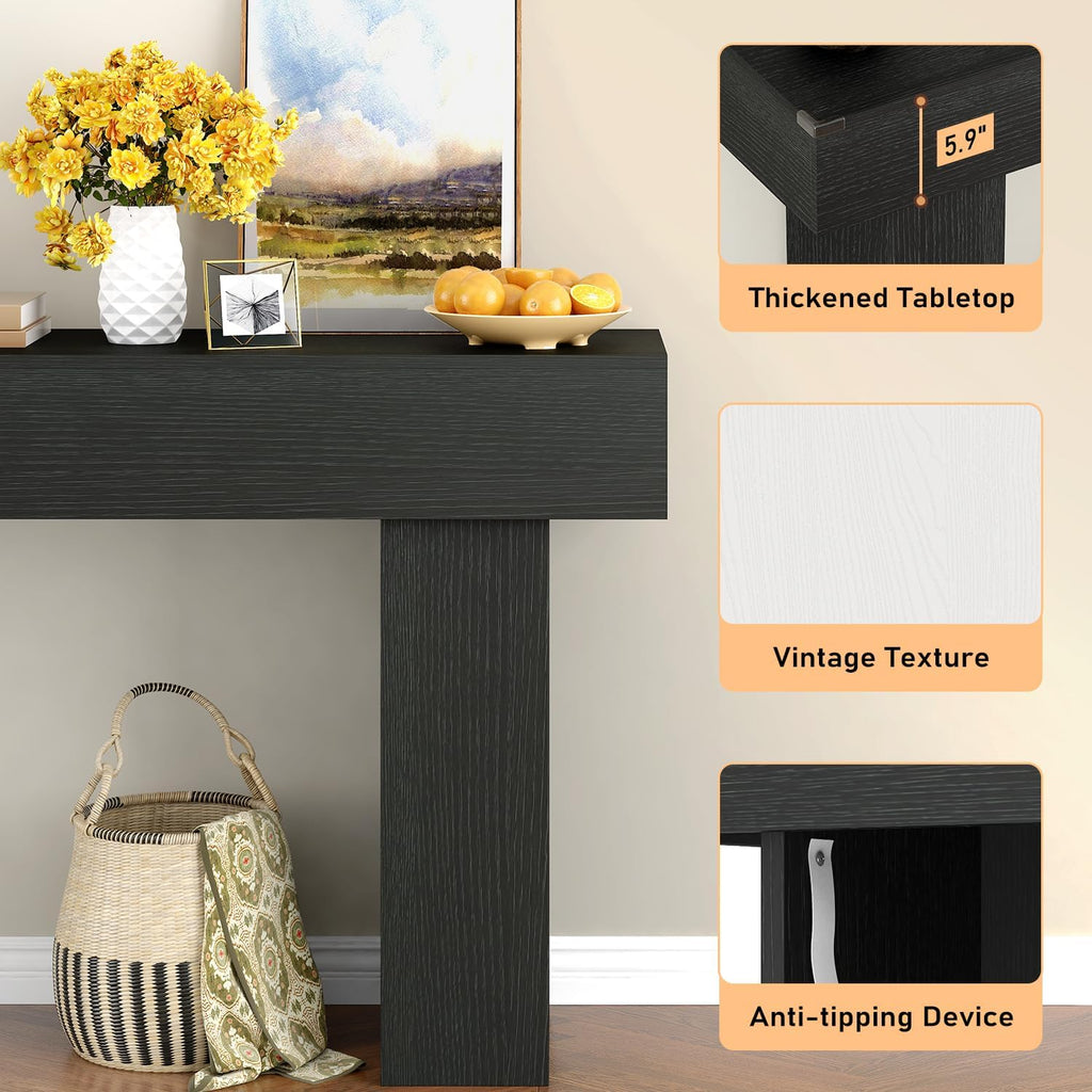 63 Inch Long Console Table for Entryway, Farmhouse Wood Rectangular Sofa Table Behind Couch Table, Narrow Entryway Table for Living Room, Entrance, Hallway, Foyer, Easy Assembly (Charcoal Black)