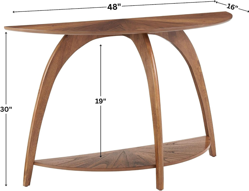Martin Svensson Home LAX Retro Mid-Century Modern Half-Moon Wood Sofa Table with Lower Shelf, Console Table for Living Room or Entryway. Nutmeg Brown.