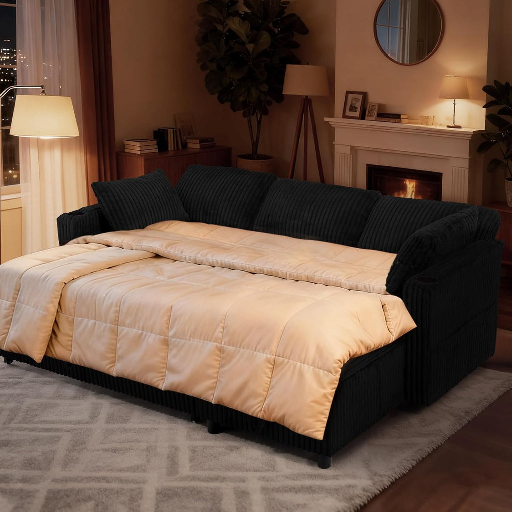 84' Corduroy Upholstered Sofa Bed w/Adjustable Backrests, Convertible Pull Out Sofa Bed w/USB Ports, L-Shape Sectional Sleeper Couch w/Cup Holder for Living Room,Apartment, Black