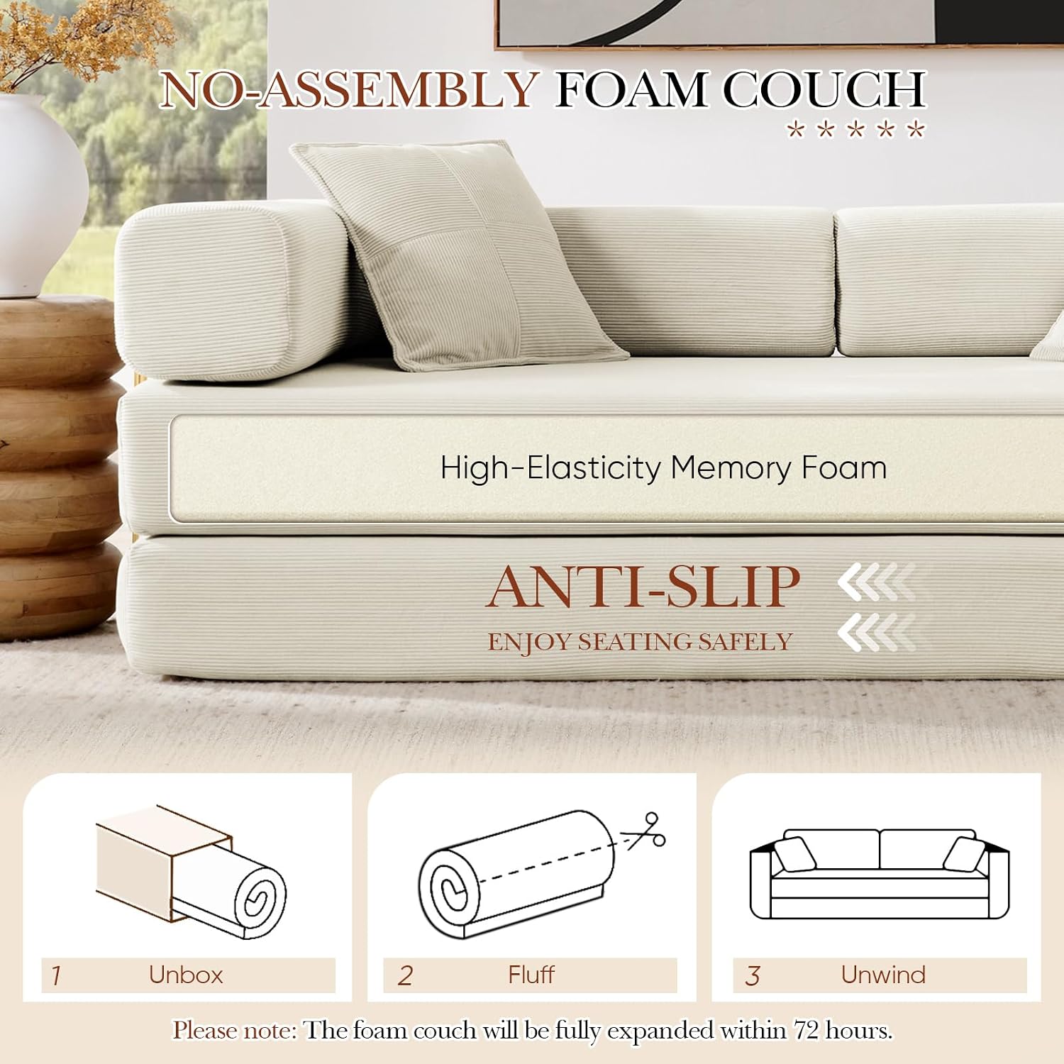 Antetek Modular Couch Bed, Convertible Folding Plush Corduroy Comfy Floor Memory Foam Compression Loveseat Sleeper Sofa Couch, King Size Bed for Guest Room Living Room Bedroom, No Assembly, Cream