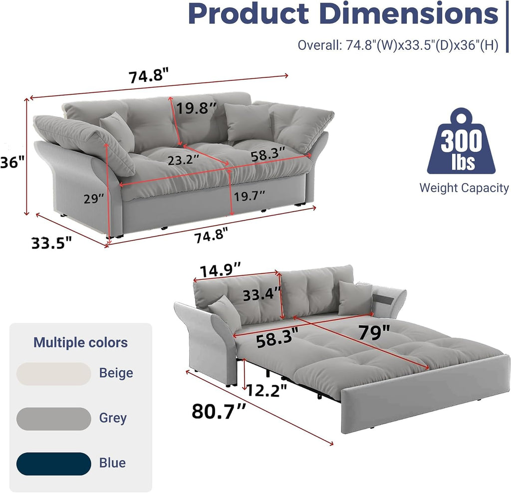 74.8' Queen Size Sleeper Sofa with Pull Out Bed, 3-in-1 Convertible Loveseat Sofa with 2 Pillows, Portable Pull Out Chaise for Living Room Apartment Small Spaces, Grey