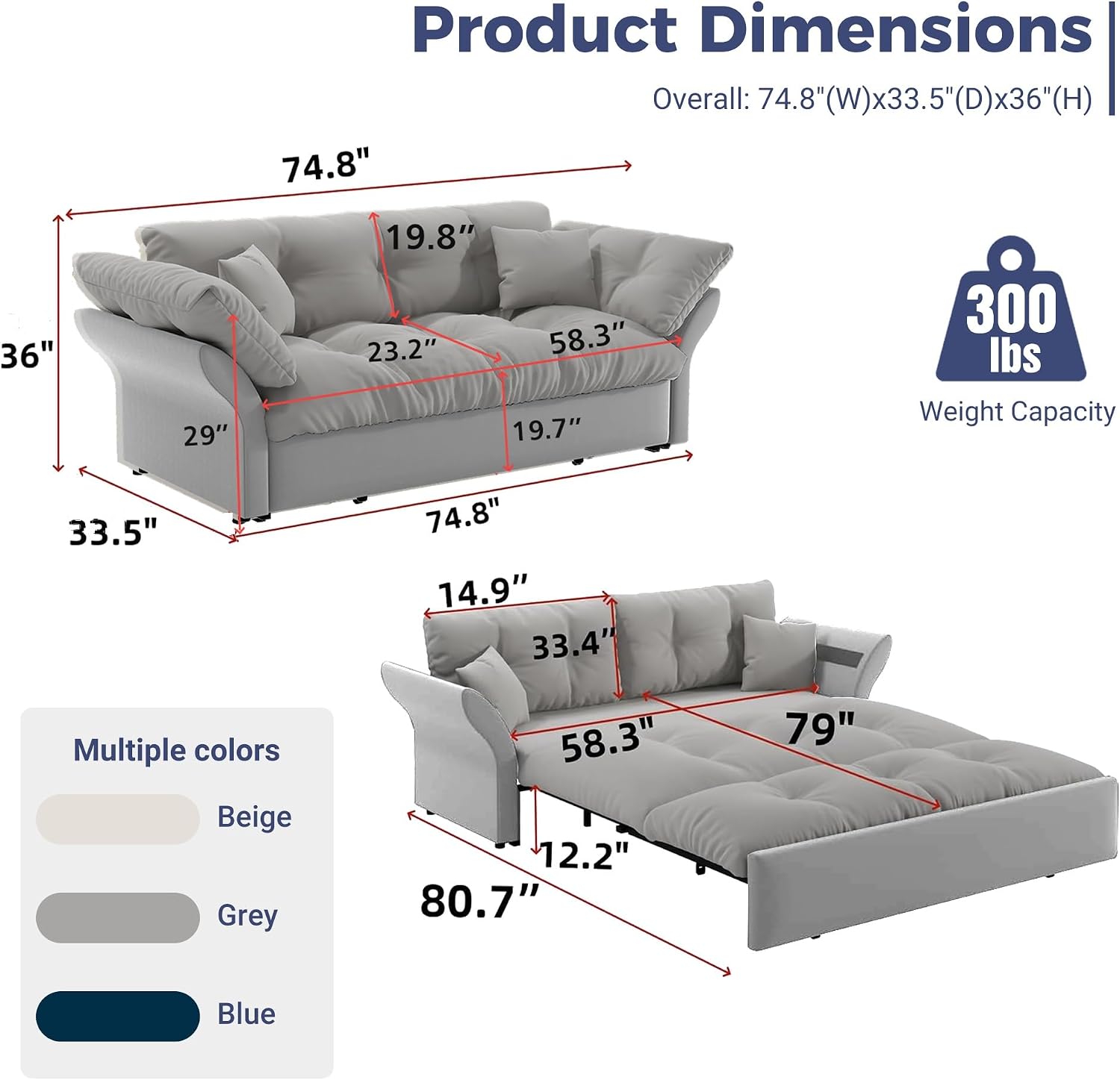 74.8' Queen Size Sleeper Sofa with Pull Out Bed, 3-in-1 Convertible Loveseat Sofa with 2 Pillows, Portable Pull Out Chaise for Living Room Apartment Small Spaces, Grey