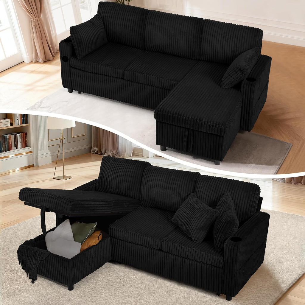 84' Corduroy Upholstered Sofa Bed w/Adjustable Backrests, Convertible Pull Out Sofa Bed w/USB Ports, L-Shape Sectional Sleeper Couch w/Cup Holder for Living Room,Apartment, Black