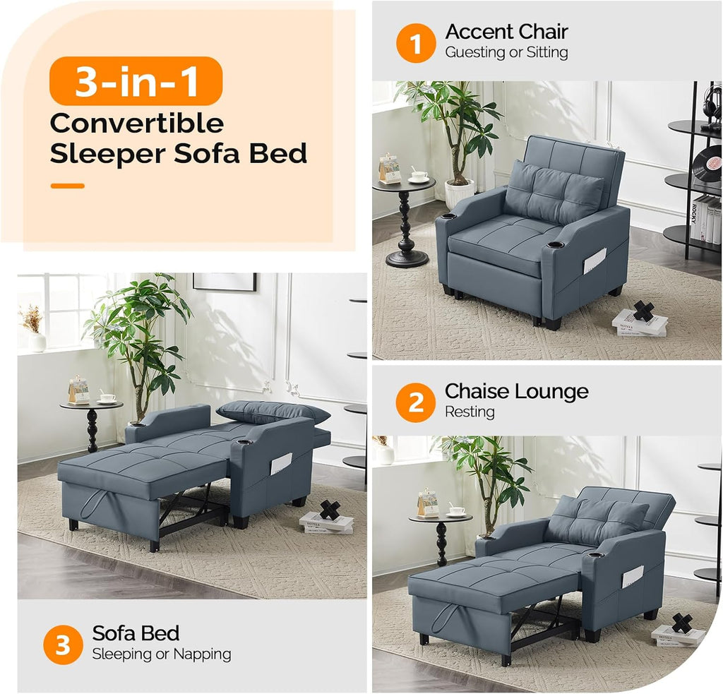 VINGLI 3-in-1 Convertible Sofa Bed, Recliner with Adjustable Backrest, USB Ports, Cup Holders for Small Spaces, Living Room