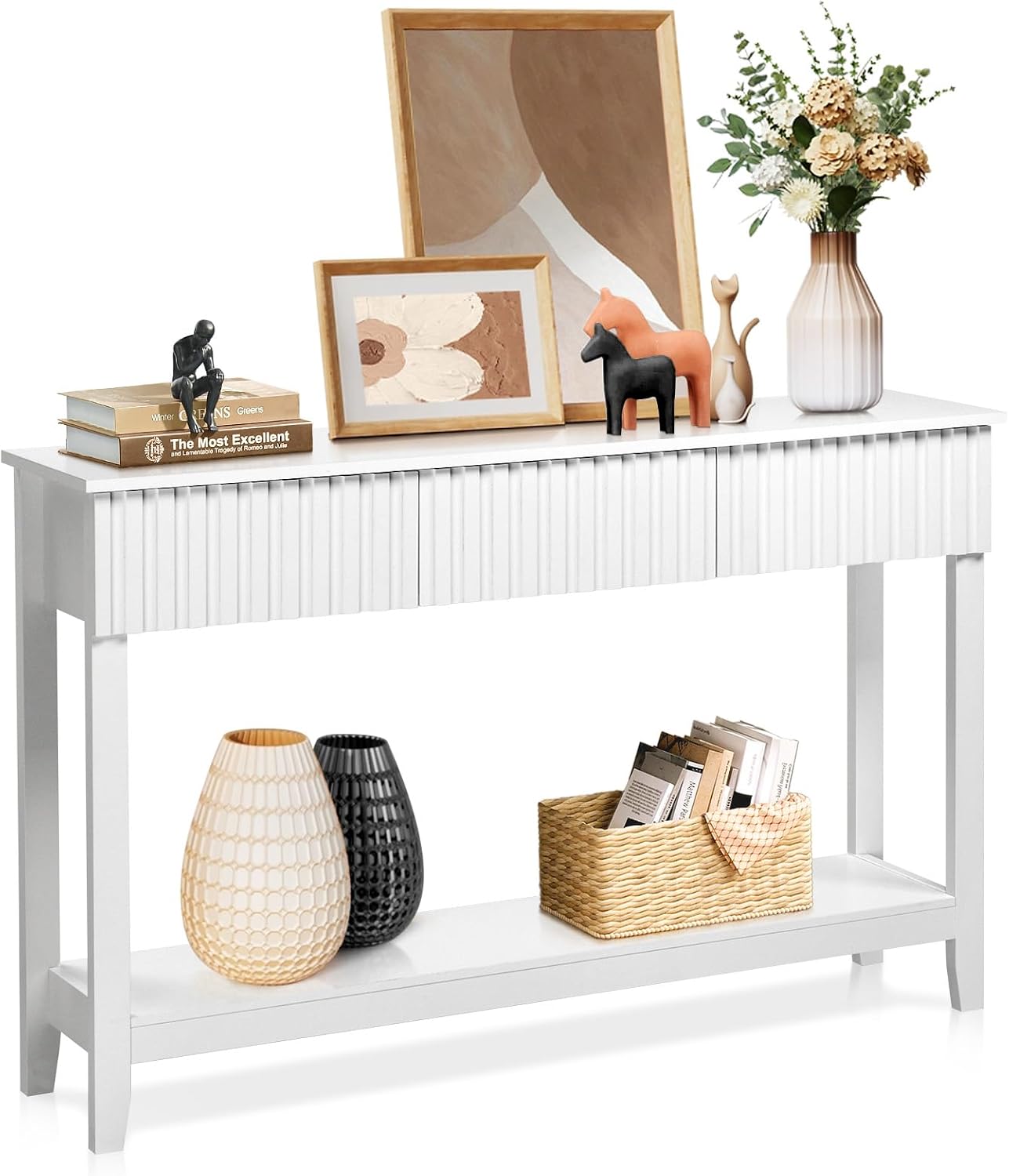Karl home 51' White Console Table with 3 Fluted Drawers, Modern Sofa Table with Open Storage Shelf for Living Room, Foyer Hallway