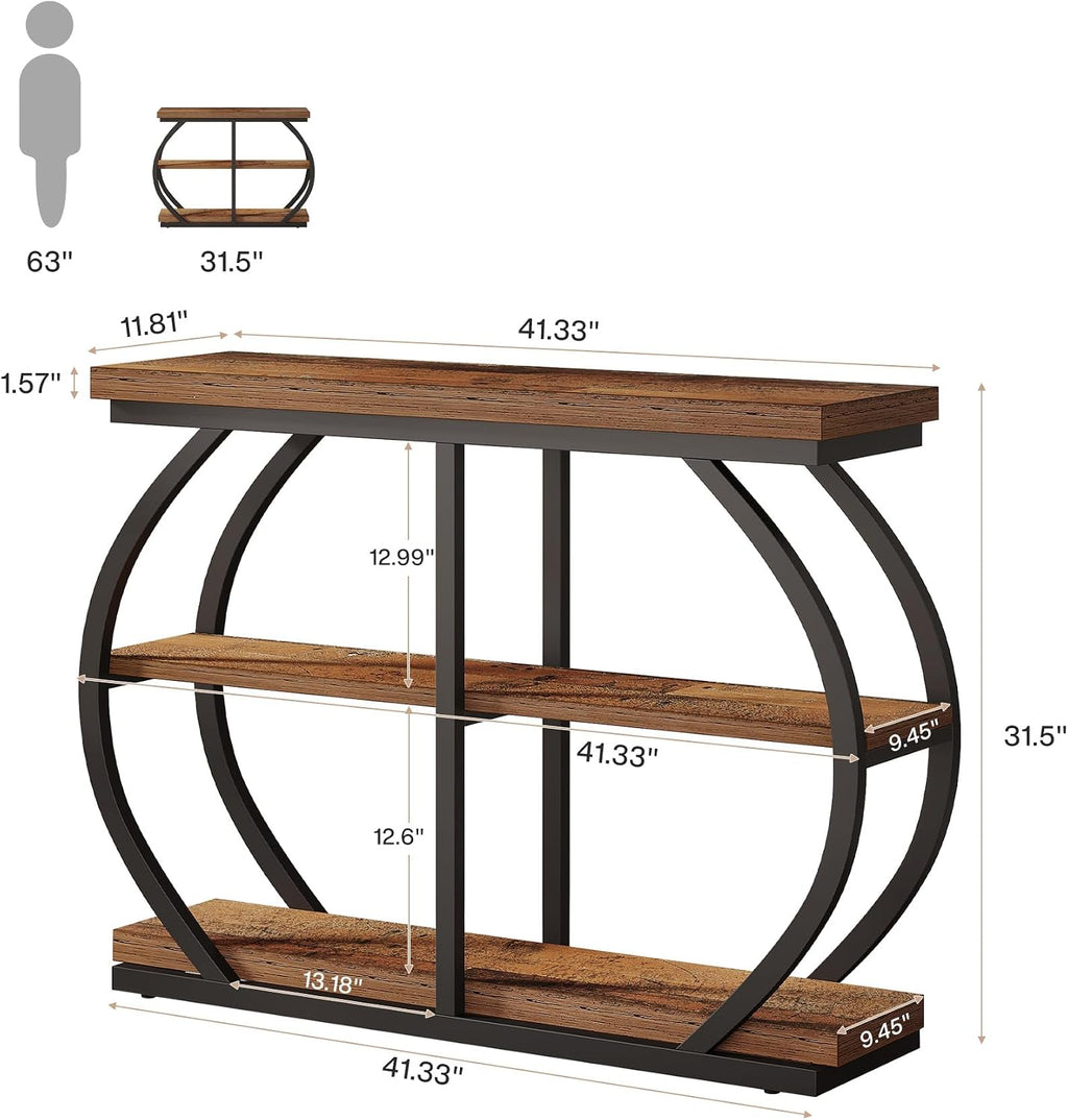 Tribesigns 41.3' Console Table, Industrial 3-Tier Entryway Table with Arched Metal Frame and Storage Shelves for Living Room, Hallway, Mix Brown