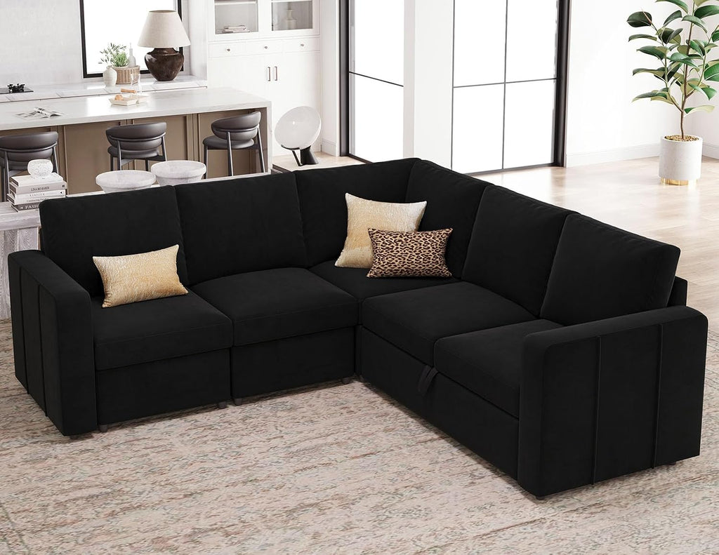 Belffin L Shape Modular Sectional Sleeper Sofa with Pull Out Bed Velvet Corner Sleeper Sofa Sectional Couch Convertible Sofa Black