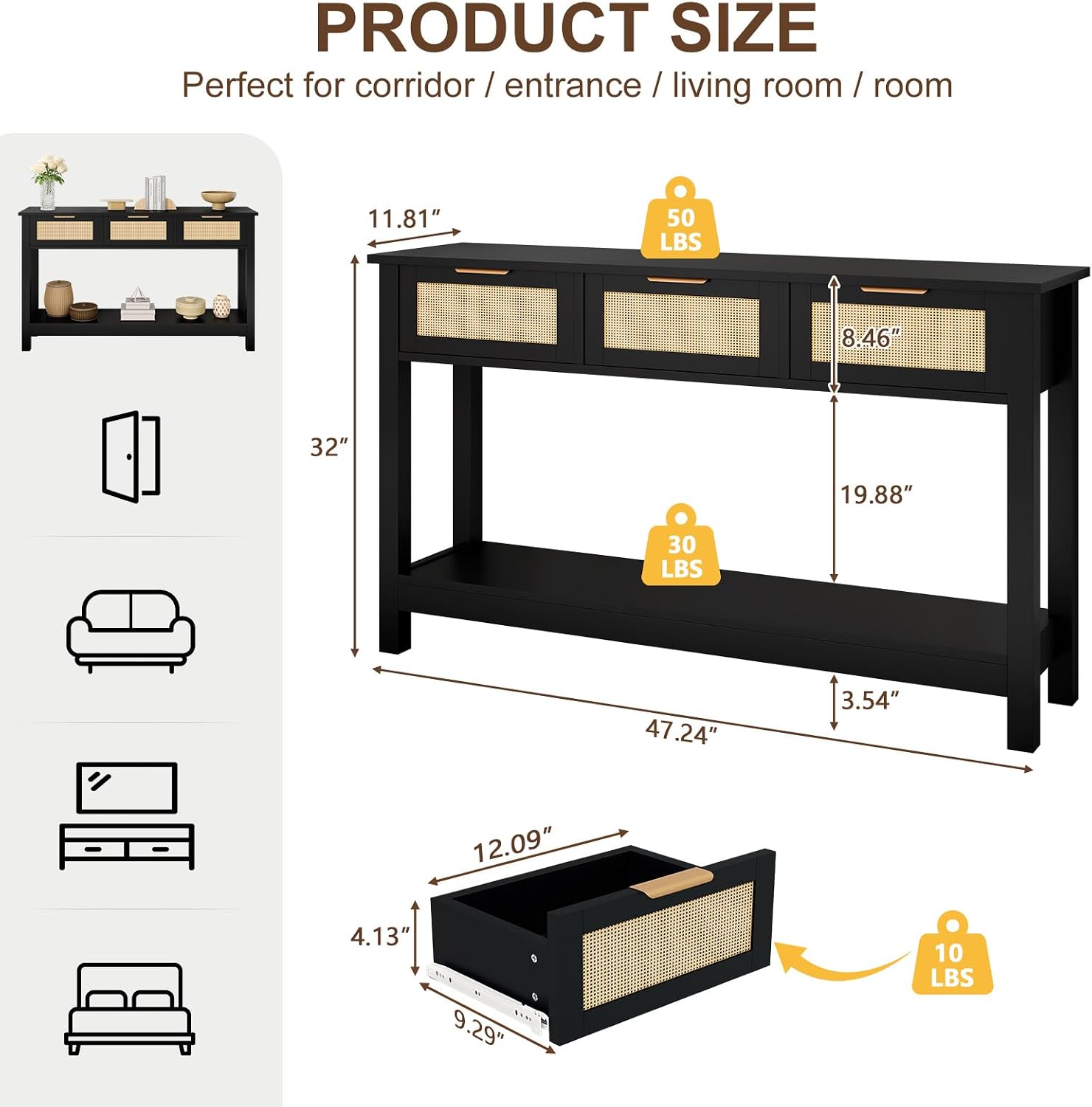 Luoxiao Entryway Table, 47' Rattan Console Tables with 3 Drawers, Narrow Hallway Table for Entryway with Storage Shelf, Slim Sofa Table Behind Couch, Modern Black Foyer Entry Way Table, Easy Assembly