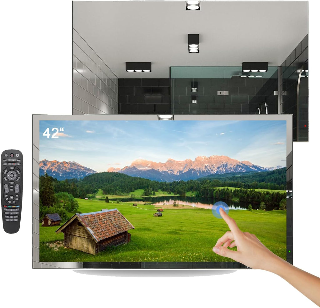 Soulaca 43 inches Smart Full Touchscreen Android Mirror 4K LED TV Big Screen IP65 Waterproof Built-in WiFi Bluetooth ATSC DTV Tuner Hotel SPA Kitchen Hair Salon