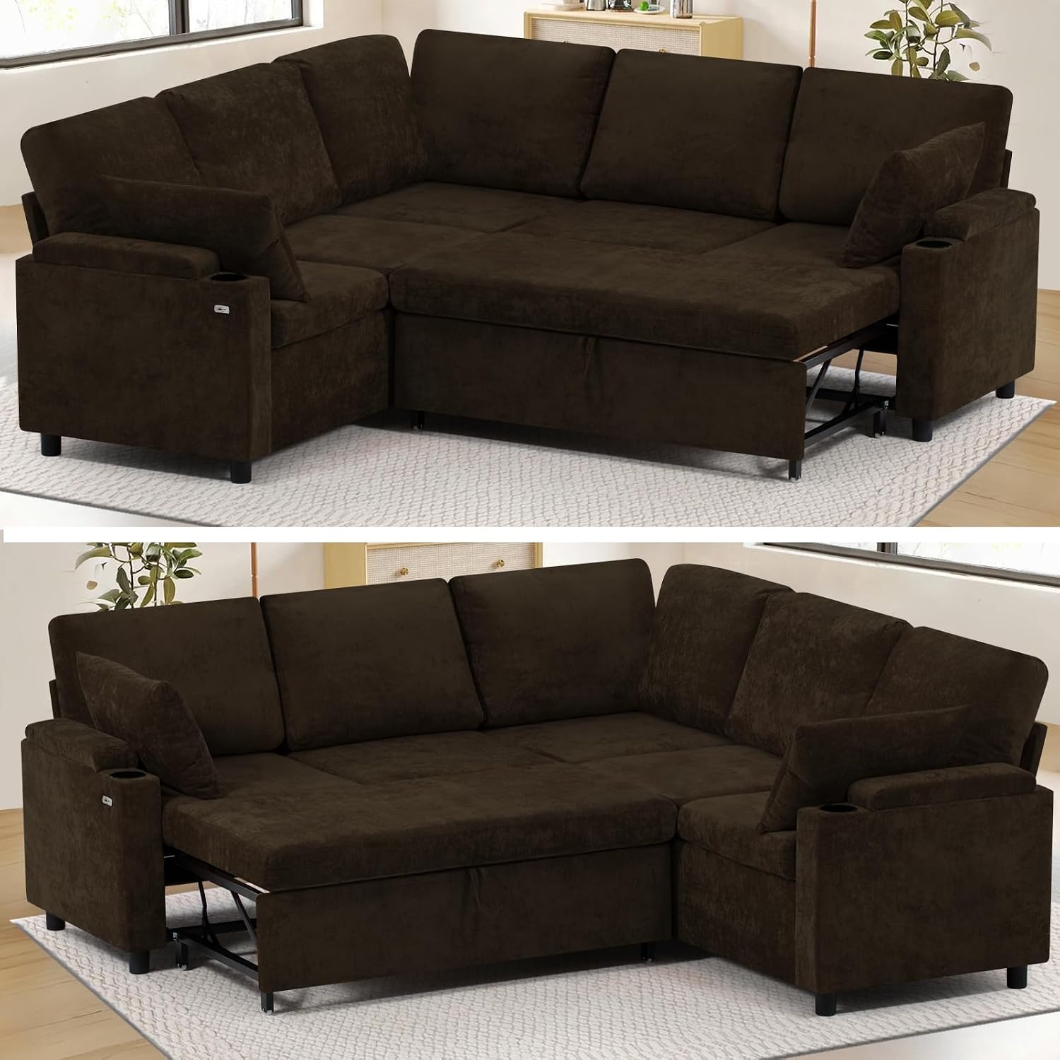 85' Chenille Reversible Sectional Sofa w/Pull-Out Bed, Upholstery L-Shaped Couch w/Storage Armrests & Cup Holders, Modern Corner Sofa w/USB Charging Port & Throw Pillow for Living Room, Brown