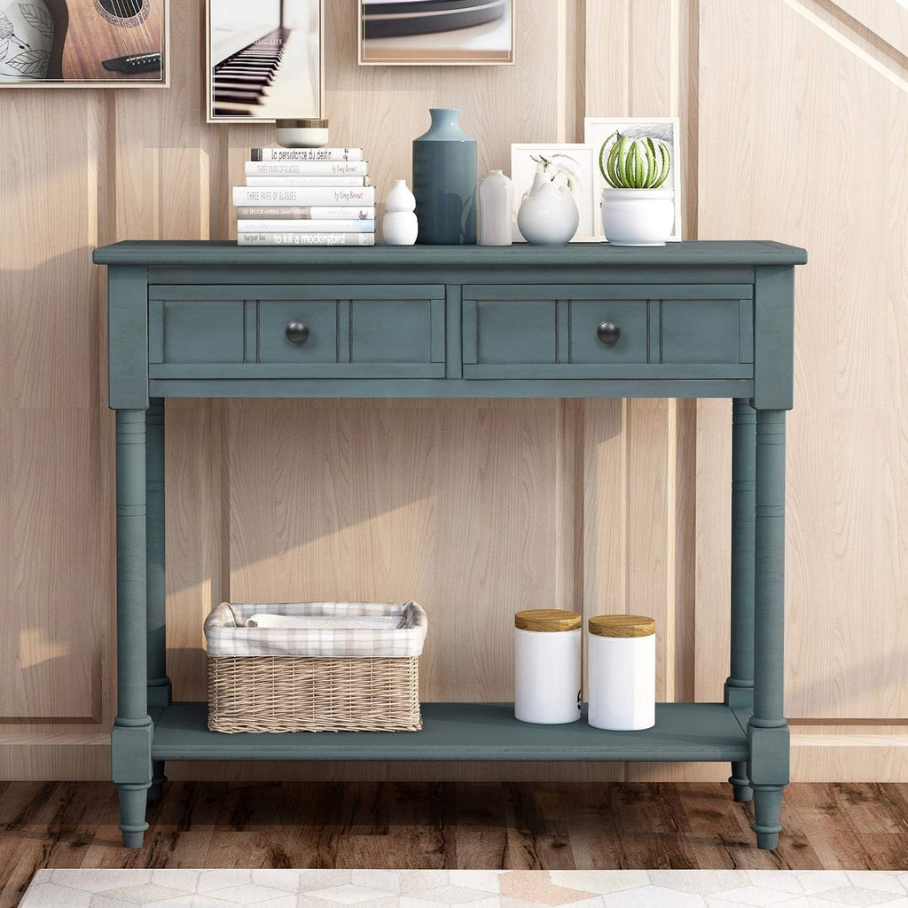 Knocbel 35.5 Inch Antique Entry Console Table with Drawers & Bottom Open Shelf, Solid Wood Sofa Couch Table for Entryway Hallway Living Room (Navy)