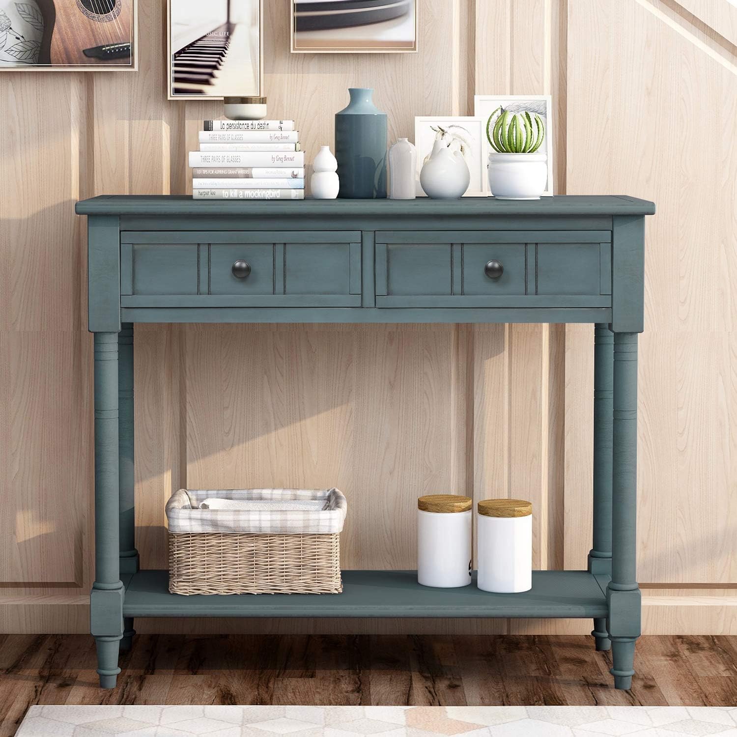 Knocbel 35.5 Inch Antique Entry Console Table with Drawers & Bottom Open Shelf, Solid Wood Sofa Couch Table for Entryway Hallway Living Room (Navy)