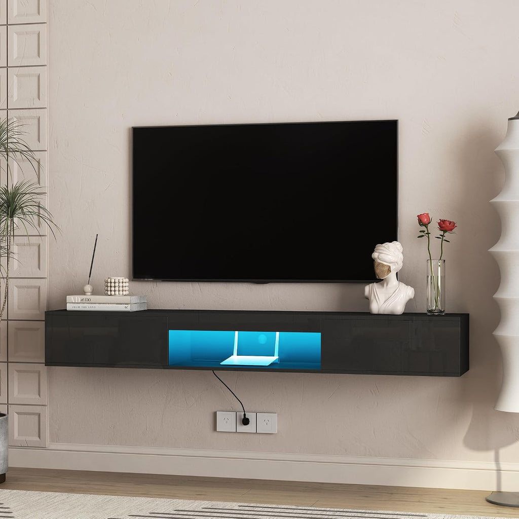 KEIKI 69' LED TV Stand with 16-Color Lights, Modern Entertainment Center TV Cabinet with Storage for 55–65' TVs, Media Console Table for Living Room, Black
