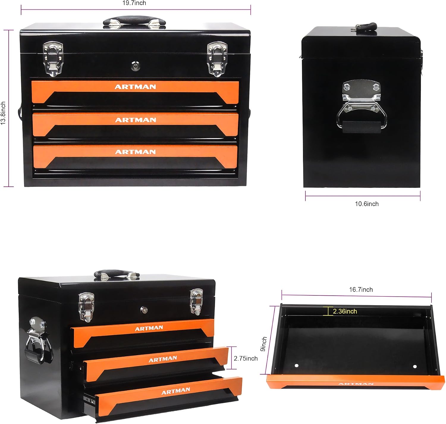 439 Piece Mechanics Tool Set, 3 Drawer Heavy Duty Metal Box with Household Tool Kit, Portable Tool Organizer Case for Auto Repair, Garage, Warehouse, Workshop, Repair Shop (Orange & Black)