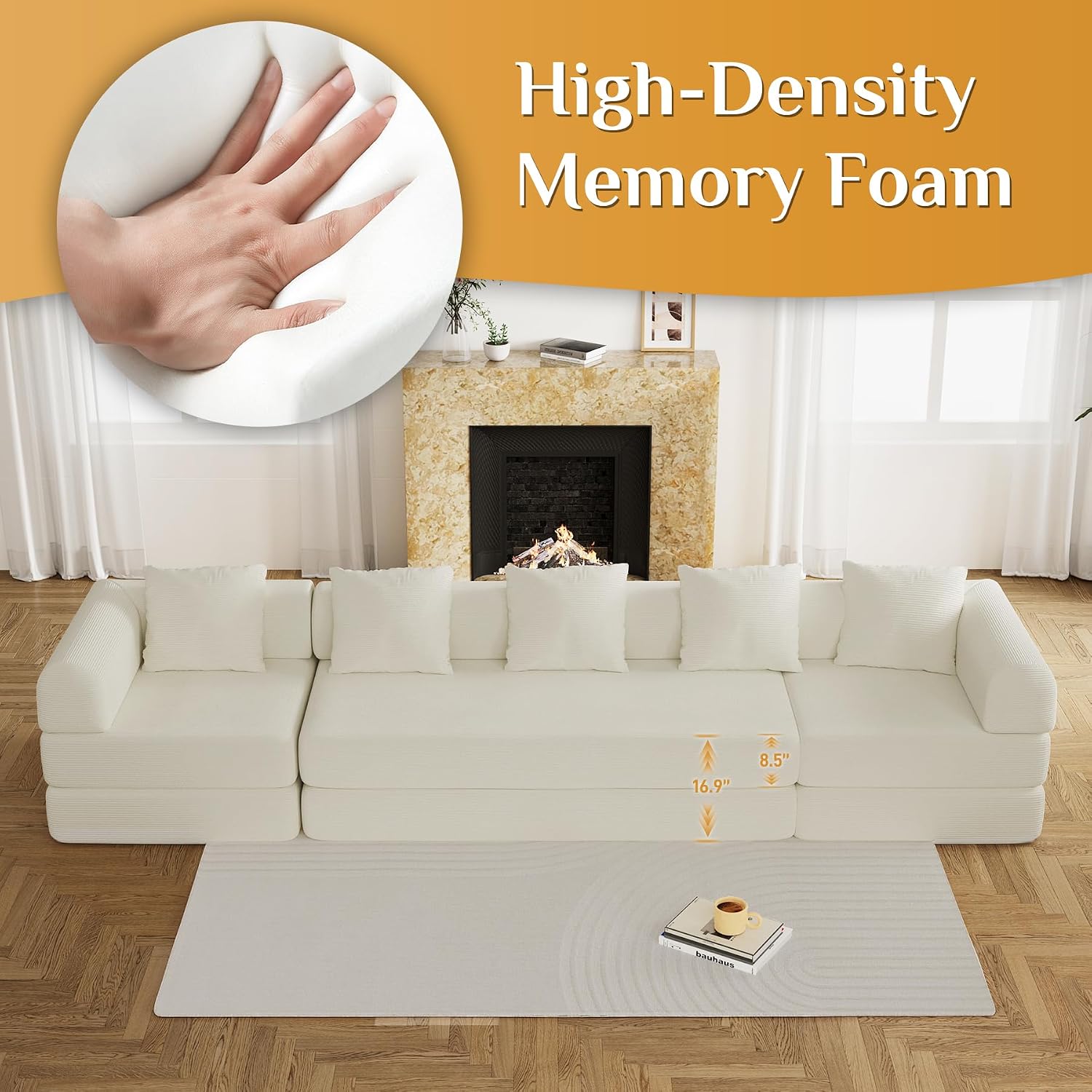 DAMAIFROM Convertible Sleeper Sofa Bed with Cylindrical Pillow,Corduroy Folding Mattress Couch with Fixed-Shape Frame,Modular Floor Sofa Lounge Couch for Living Room Bedroom Lounge,158.6',Beige White
