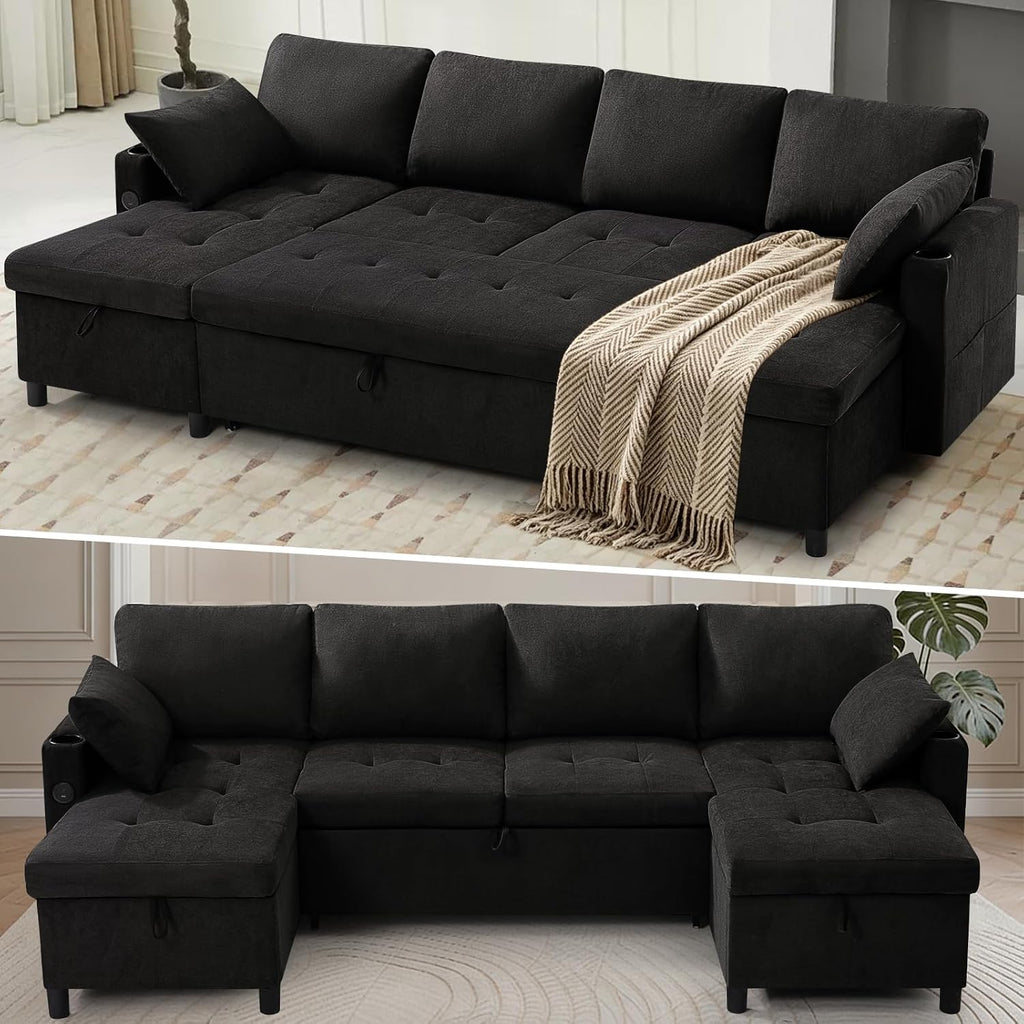 110' Fabric Pull-Out Couch Bed w/Adjustable Backrests, Sectional Sleeper Sofa w/USB Ports & 2 Cup Holders, Upholstered U-Shaped Couch w/Storage Chaise for Living Room, House, Black