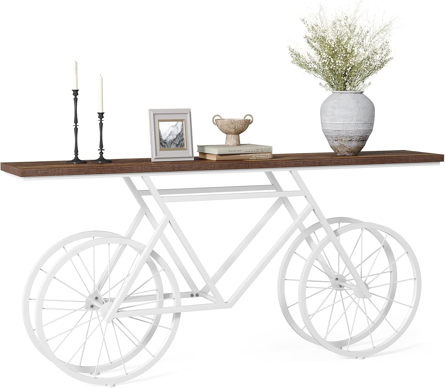 LITTLE TREE Narrow Sofa Table, 70.9-Inch Extra Long Console Table for Living Room, Entryway, with Unique Bicycle Metal Base. White and Brown