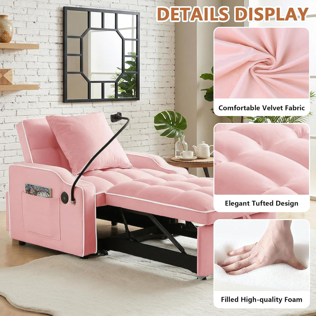 Majnesvon Modern Velvet Fabric Sofa Bed Futon,3 in 1 Convertible Pullout Bed Couches with 3 Reclining Backrests,Phone Stand,Small Sofa Single Sleeper Chair Bed for Living Room Bedroom (Pink)
