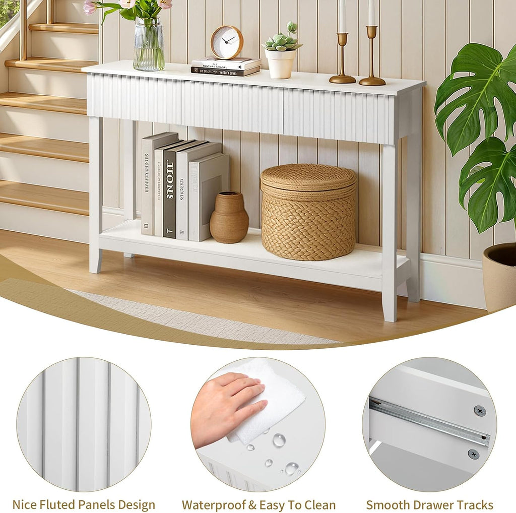 Karl home 51' White Console Table with 3 Fluted Drawers, Modern Sofa Table with Open Storage Shelf for Living Room, Foyer Hallway