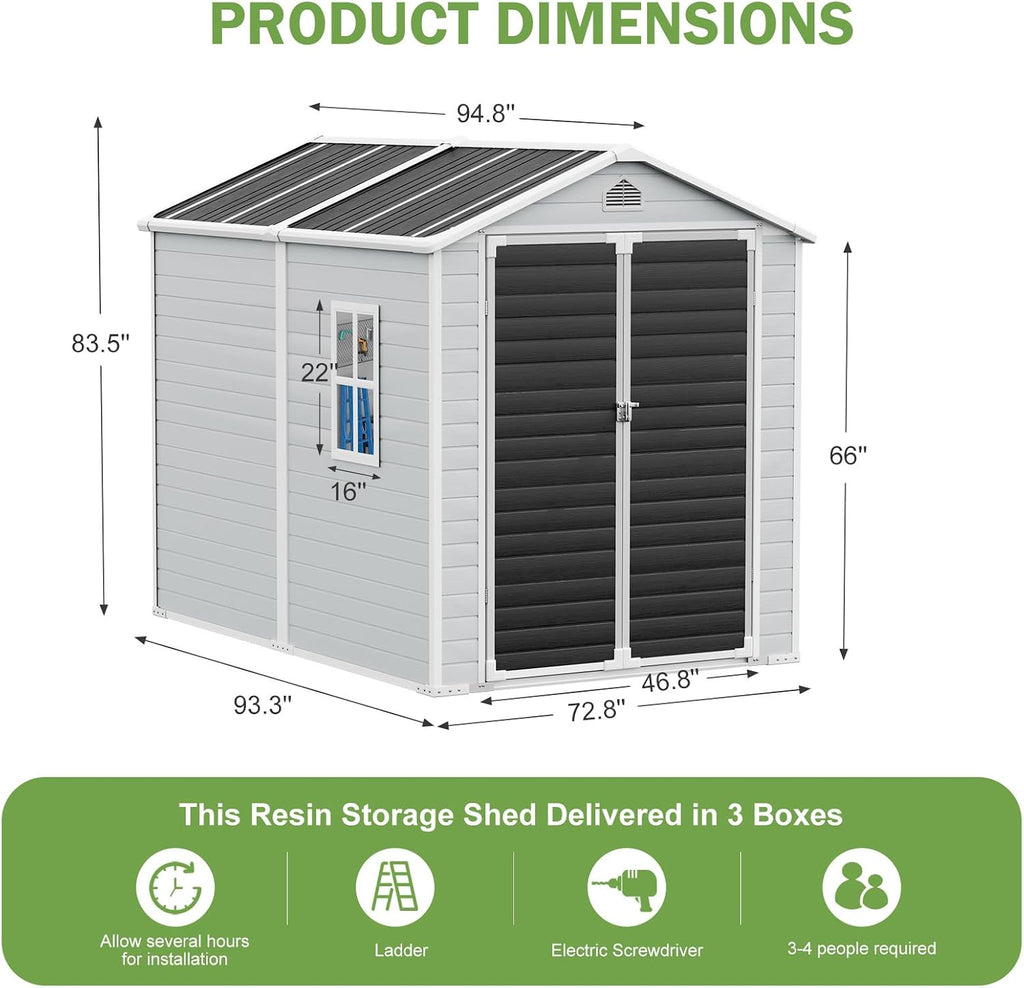 8x6 FT Storage Shed, Large Waterproof Resin Outdoor Sheds with Floor & Lockable Door & Window & Vents, Plastic Tool Shed for Outside, Garden, Poolside, Dove Grey
