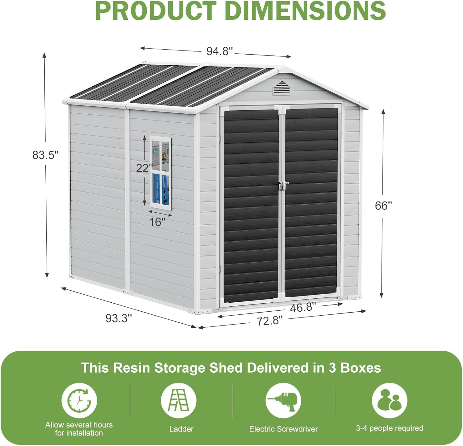 8x6 FT Storage Shed, Large Waterproof Resin Outdoor Sheds with Floor & Lockable Door & Window & Vents, Plastic Tool Shed for Outside, Garden, Poolside, Dove Grey