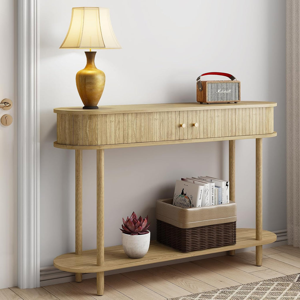 ARTPOWER 47.2' Modern Entryway Table with Wood Tambour Door, Accent Behind Couch Sofa Console Table with Storage, Fluted Side Table for Hallway, Living Room, Foyer, Natural Wood