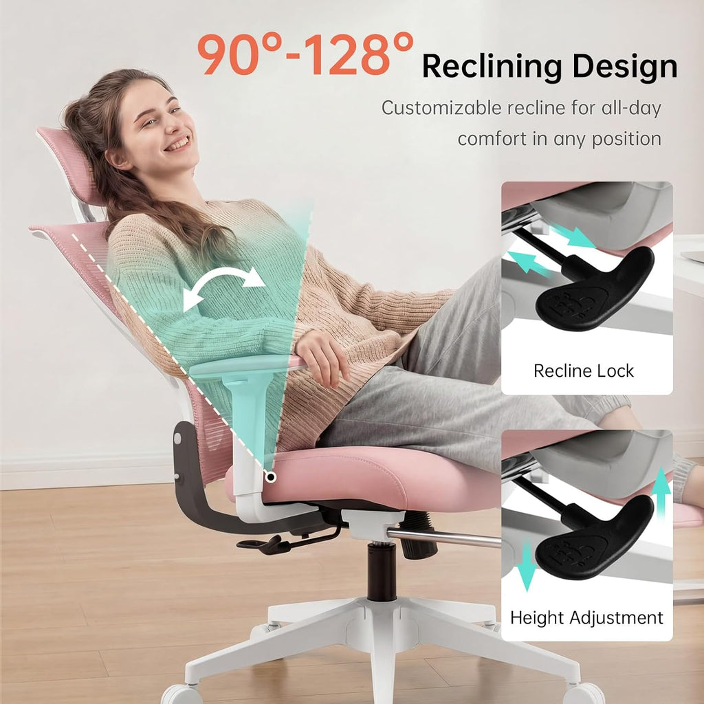 Foldable Office Chair with Foot Rest, Ergonomic Office Chair with Adjustable Lumbar Support, Headrest, Armrest, Home Office Desk Chair for Space Saving, Work from Home, Pink