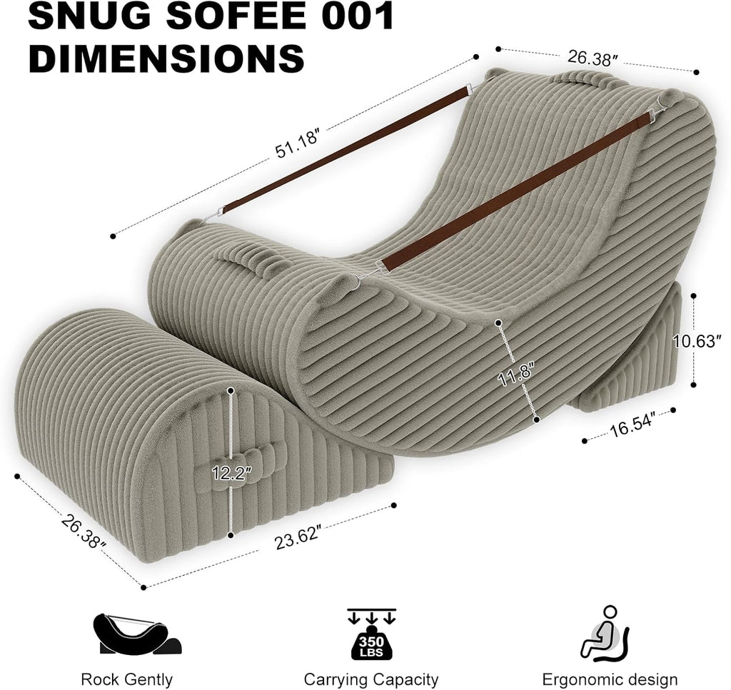 3-in-1 Adjustable Zero Gravity Floor Chair, Oversized Corduroy Boneless Chair for Adults with Memory Foam & Washable Cover, Silent Rocker Recliner Lounge Chair for Reading, Nursing, Gaming, Khaki