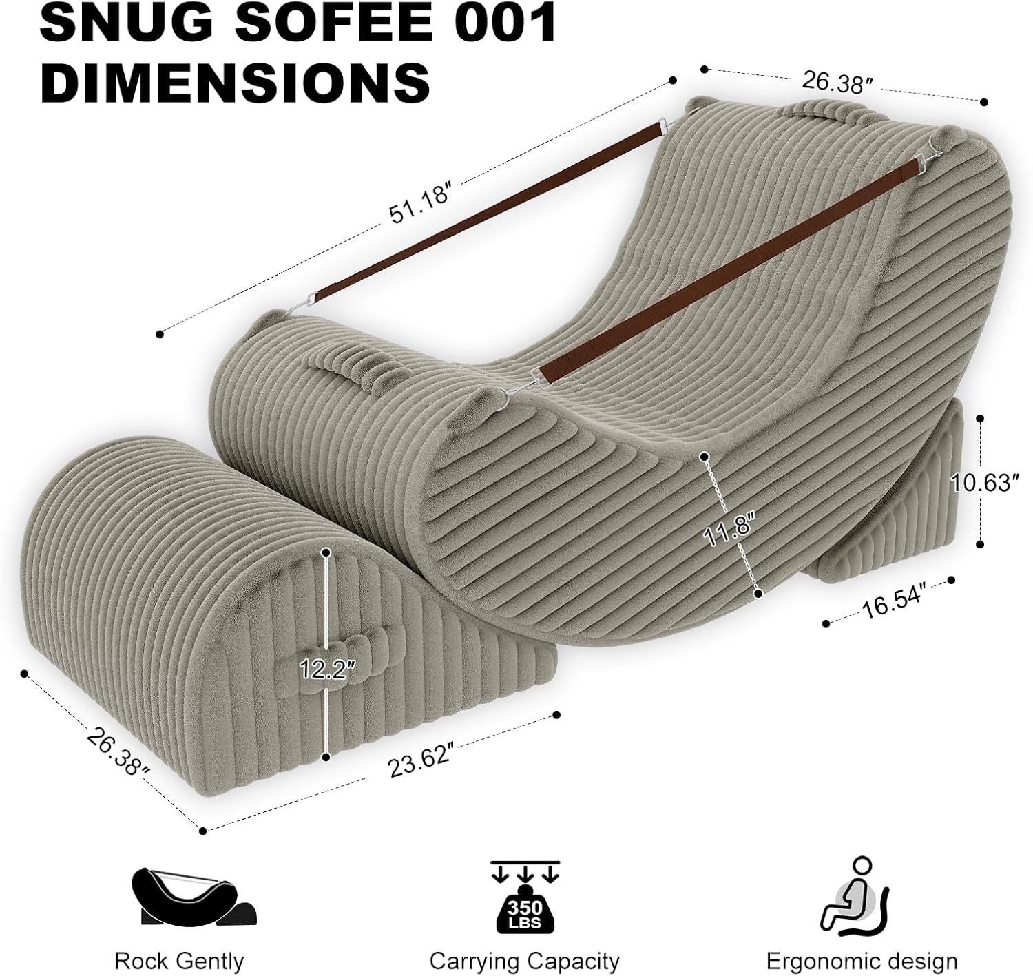 3-in-1 Adjustable Zero Gravity Floor Chair, Oversized Corduroy Boneless Chair for Adults with Memory Foam & Washable Cover, Silent Rocker Recliner Lounge Chair for Reading, Nursing, Gaming, Khaki