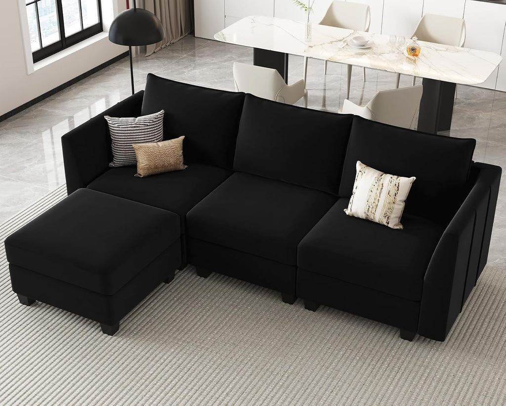 Belffin Convertible Sectional Sofa with Chaise Velvet L Shaped Sofa Couch Modular Sectional Sofa with Storage Black