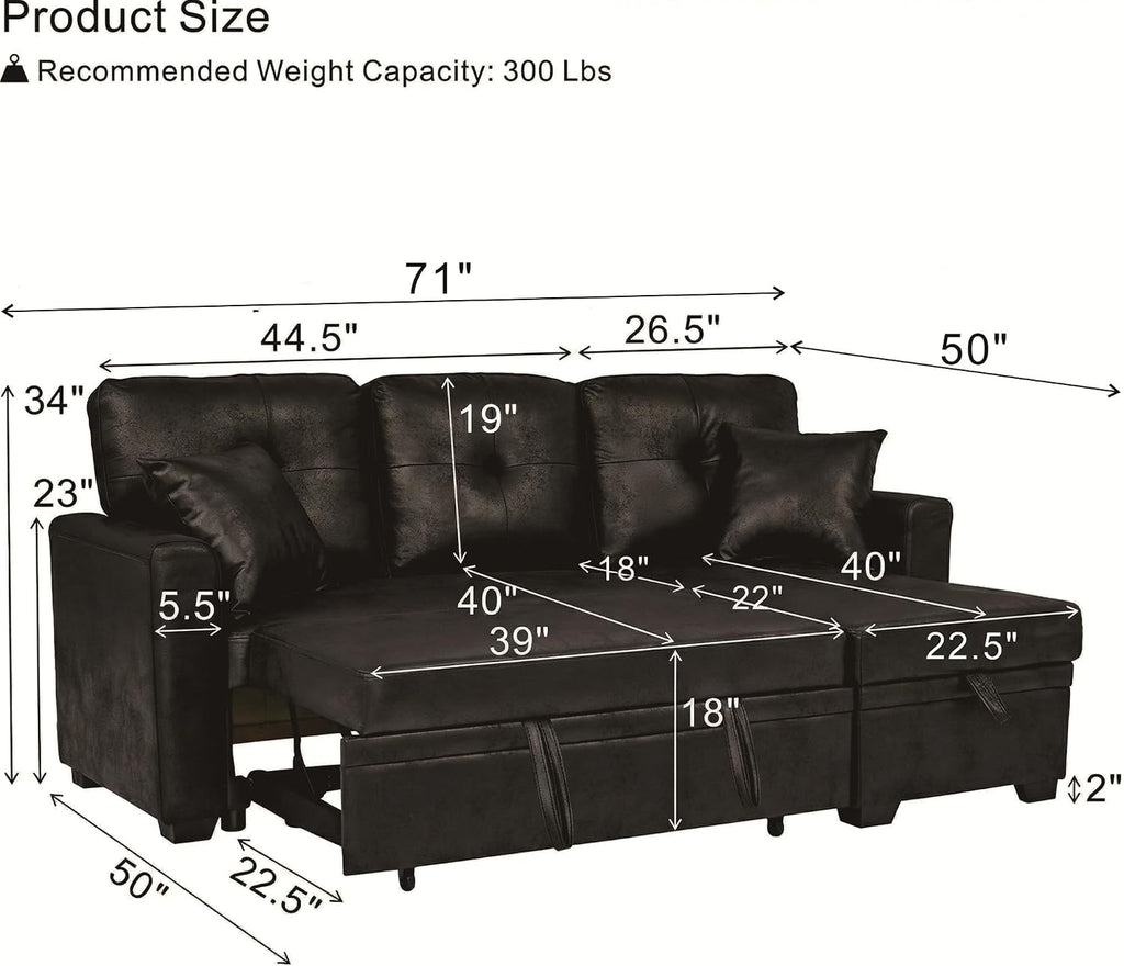 L Shaped Sectional Couch with Storage and Pull Out Bed, 3 Seater Sleeper Sofas Convertible Couches with Reversible Chaise for Living Room, Space Saving Small Sofa Bed for Small Spaces