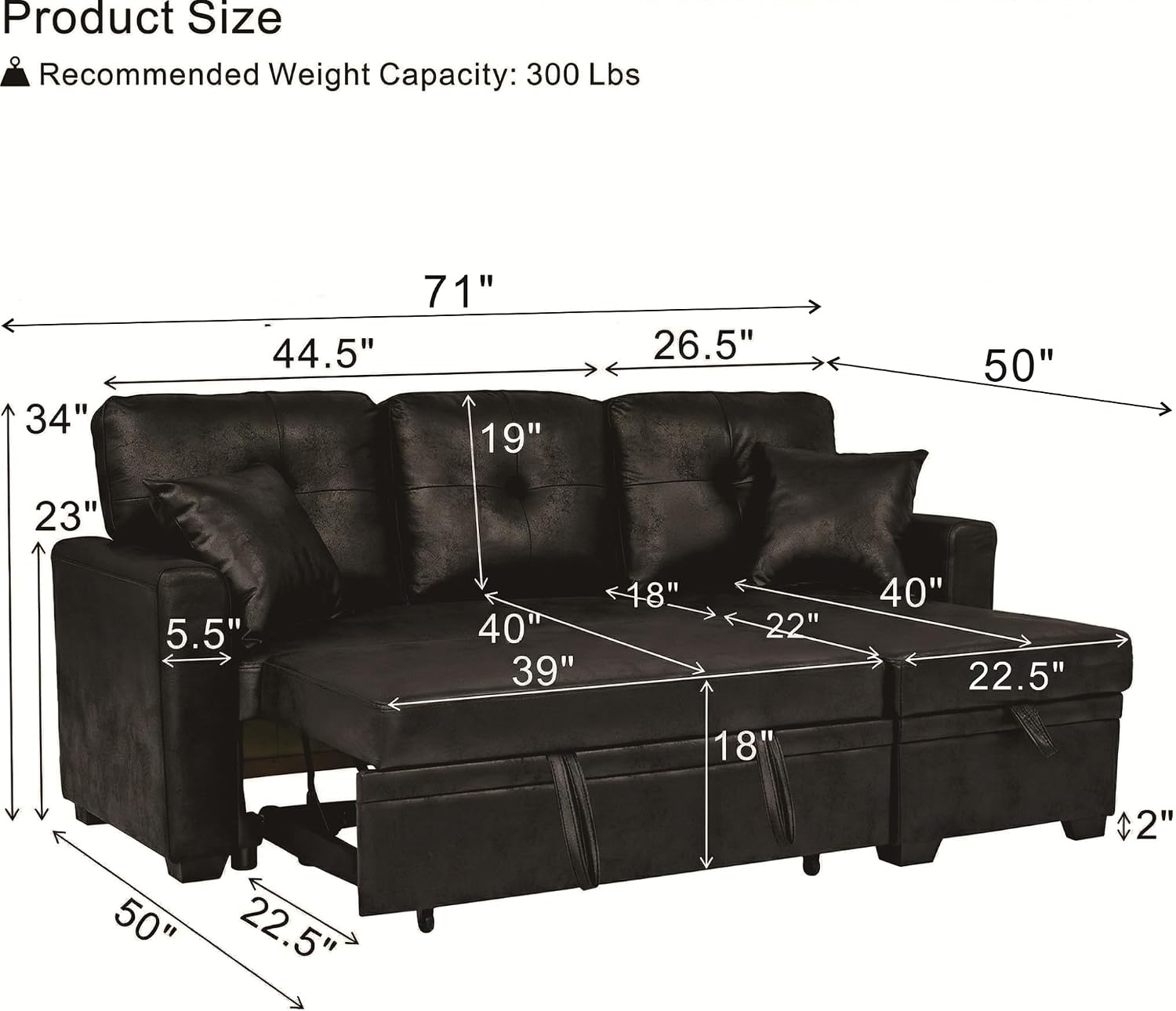 L Shaped Sectional Couch with Storage and Pull Out Bed, 3 Seater Sleeper Sofas Convertible Couches with Reversible Chaise for Living Room, Space Saving Small Sofa Bed for Small Spaces