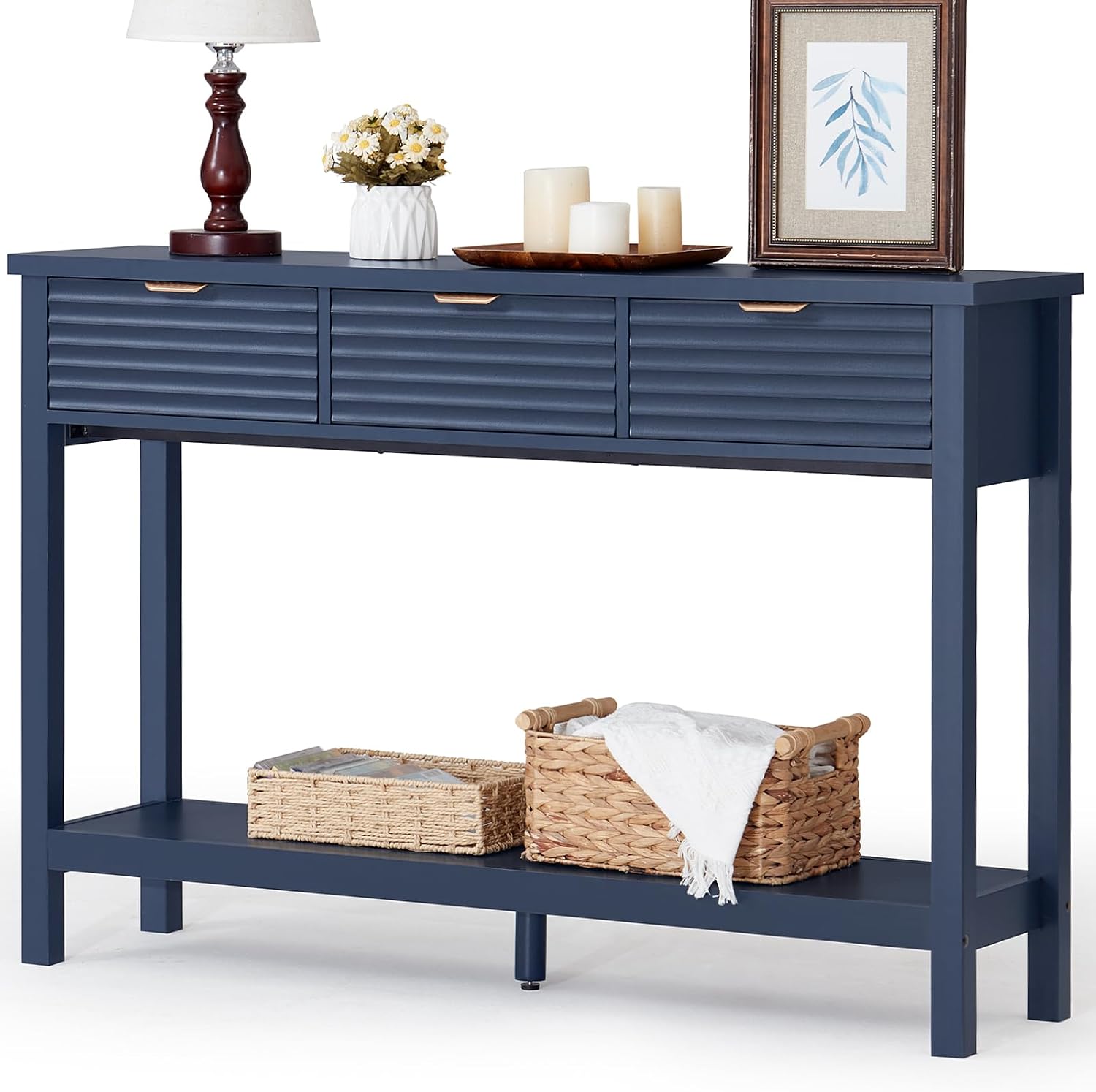 LEYAOYAO Fluted 47.2' Console Table with 3 Drawers, Modern Wood 2 Tier Entryway Table with Open Storage Shelf, Sofa Entry Tables Behind Couch for Living Room, Hallway, Entrance Foyer, Dark Navy Blue