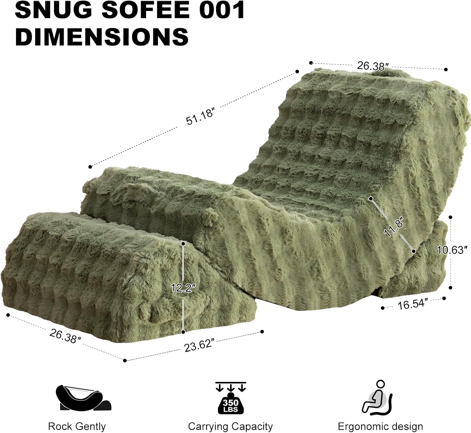3-in-1 Adjustable Zero Gravity Floor Chair, Oversized Faux Fur Boneless Chair for Adults with Memory Foam & Washable Cover, Silent Rocker Recliner Lounge Chair for Reading, Nursing, Gaming, Green
