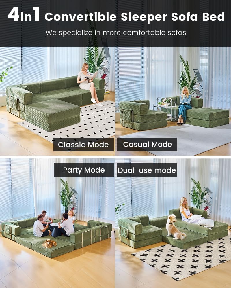 GEARIVY Folding Sofa Bed Convertable Corduroy Couch King Size Floor Sleeper 4-in-1 DIY Combination Modular Sofa Fold Out Futon Lounge Comfy Foldable Lazy cama for Living Room