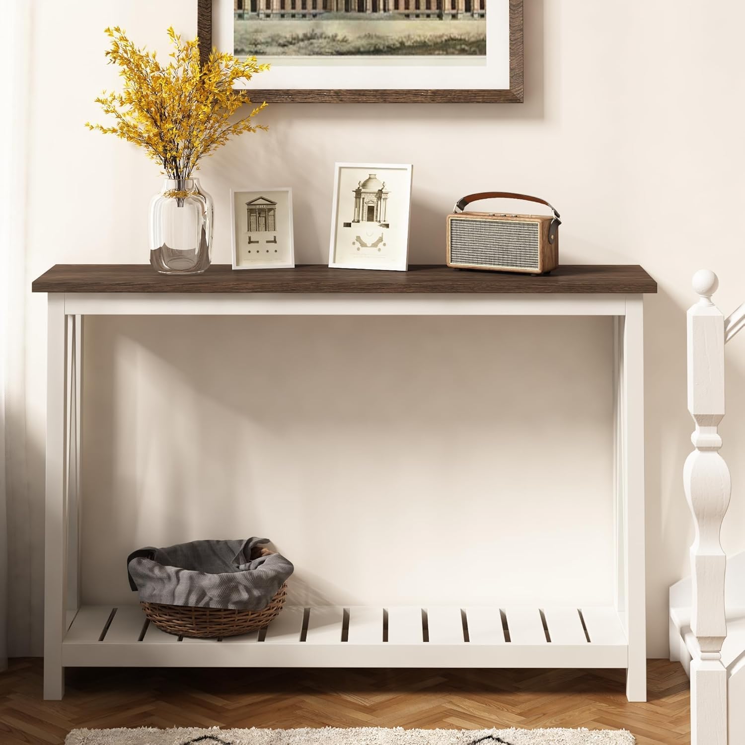 ChooChoo Farmhouse Console Table, Rustic Vintage Narrow Sofa Table for Entryway, Living Room, Hallway, 47 White