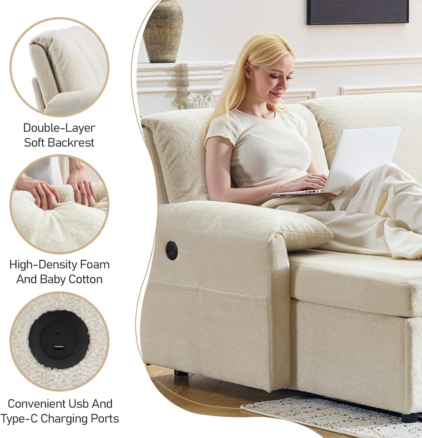VINGLI Convertible Sofa Bed, U-Shape Sectional Couches for Living Room Sleeper Sofa with Pull Out Couch Bed Cloud-Like Plush Fleece Sofa Couch with Storage Chaise, USB Charging, Side Pockets