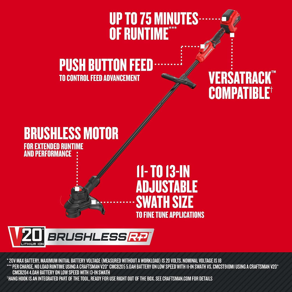 CRAFTSMAN V20 RP Cordless String Trimmer and Lawn Edger Kit, Weed Wacker, Extended Run Time, Brushless High-Output Motor, 13 Inch Deck, 5.0Ah Battery & Charger Included (CMCST930P1)