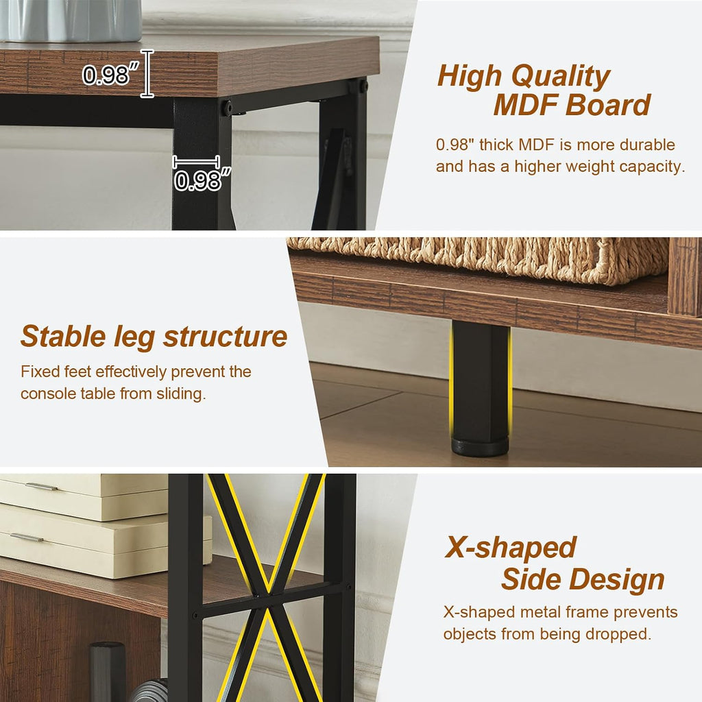 HOMBAZAAR Console Table,Industrial Sofa Table with 3 Cubes,Entryway Table with Engineered Wood and Metal, Rustic 3 Tier Shelf for Hallway,Living Room,Brown,47 Inch