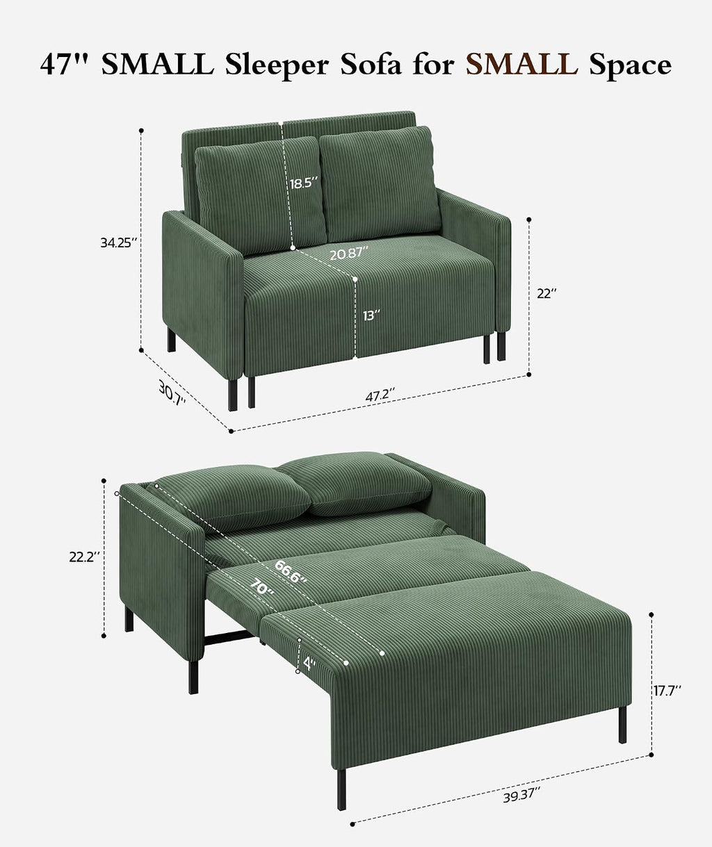 Corduroy Convertible Sofa Bed, 47' Loveseat Sleeper Sofa, Pull out Couch 618lb Capacity, Modern Sleeper Couch Bed 2 Fluffy Pillow Include, Small Couches for Small Spaces/Apartment/Office, Forest Green