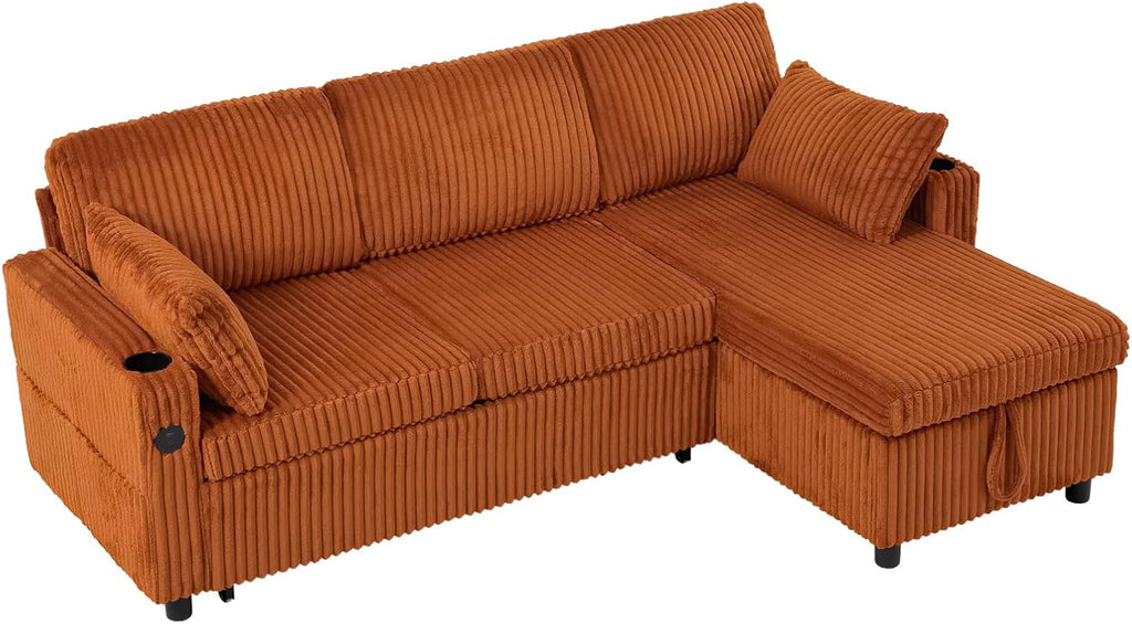 84' Corduroy Sectional Sleeper Sofa Bed w/Adjustable Backrests & USB Charging Port, L-Shape Couch Bed w/Storage Chaise, Convertible 3 Seater Sofa w/Cup Holders for Living Room, House, Orange