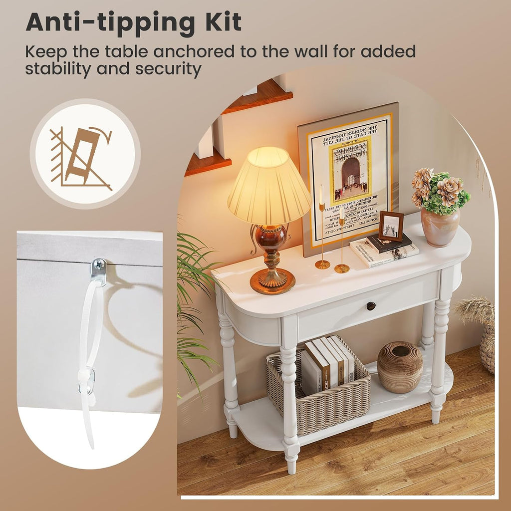 Giantex 2-Tier Narrow Console Table, 36' White Entryway Table with Storage Drawer & Elegant Legs, Wooden Sofa Table with Open Shelf for Living Room, Foyer, Hallway, Bedroom, Entrance