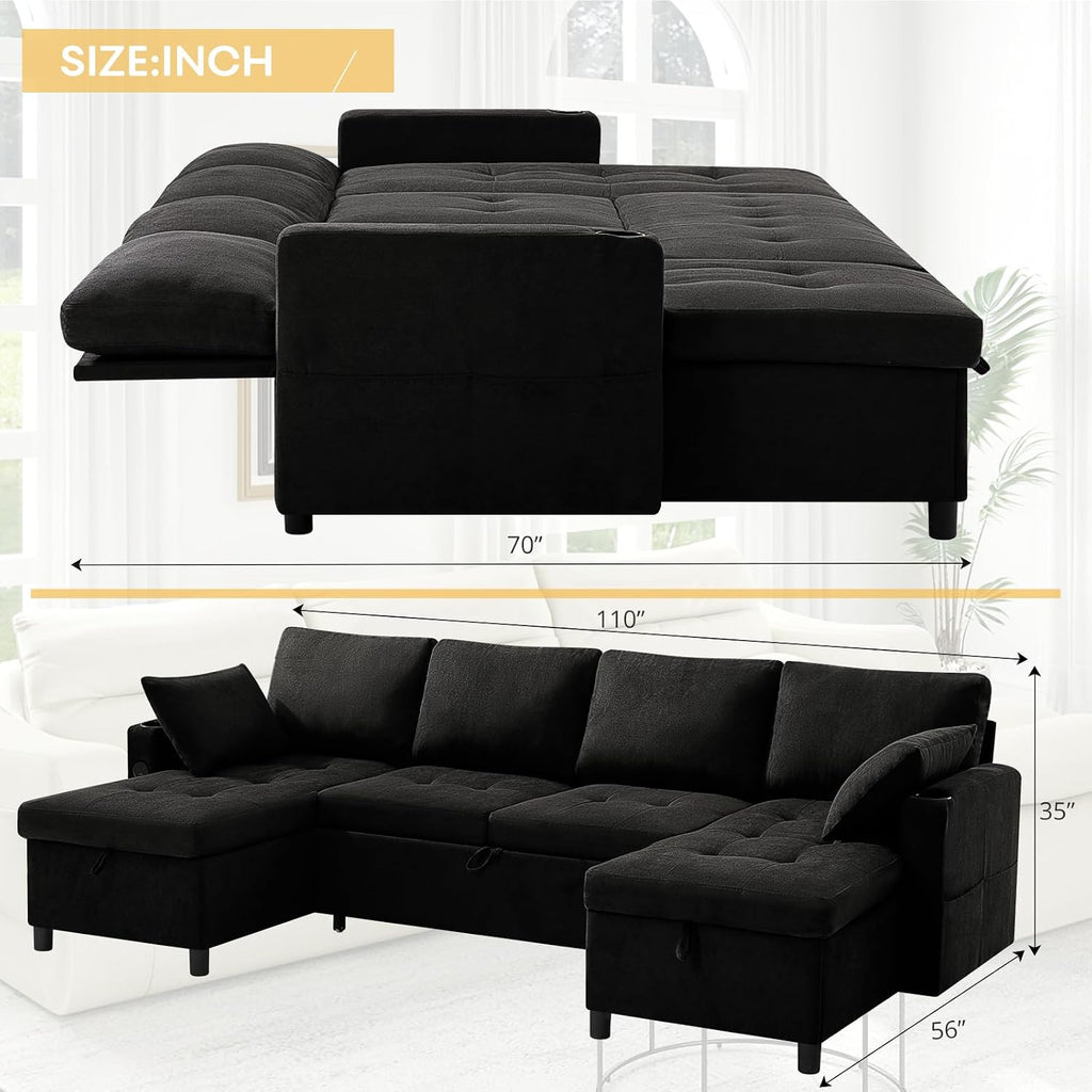 110' Fabric Pull-Out Couch Bed w/Adjustable Backrests, Sectional Sleeper Sofa w/USB Ports & 2 Cup Holders, Upholstered U-Shaped Couch w/Storage Chaise for Living Room, House, Black