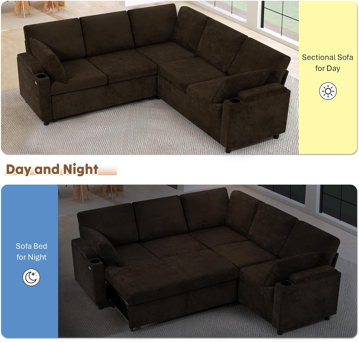 85' Chenille Reversible Sectional Sofa w/Pull-Out Bed, Upholstery L-Shaped Couch w/Storage Armrests & Cup Holders, Modern Corner Sofa w/USB Charging Port & Throw Pillow for Living Room, Brown