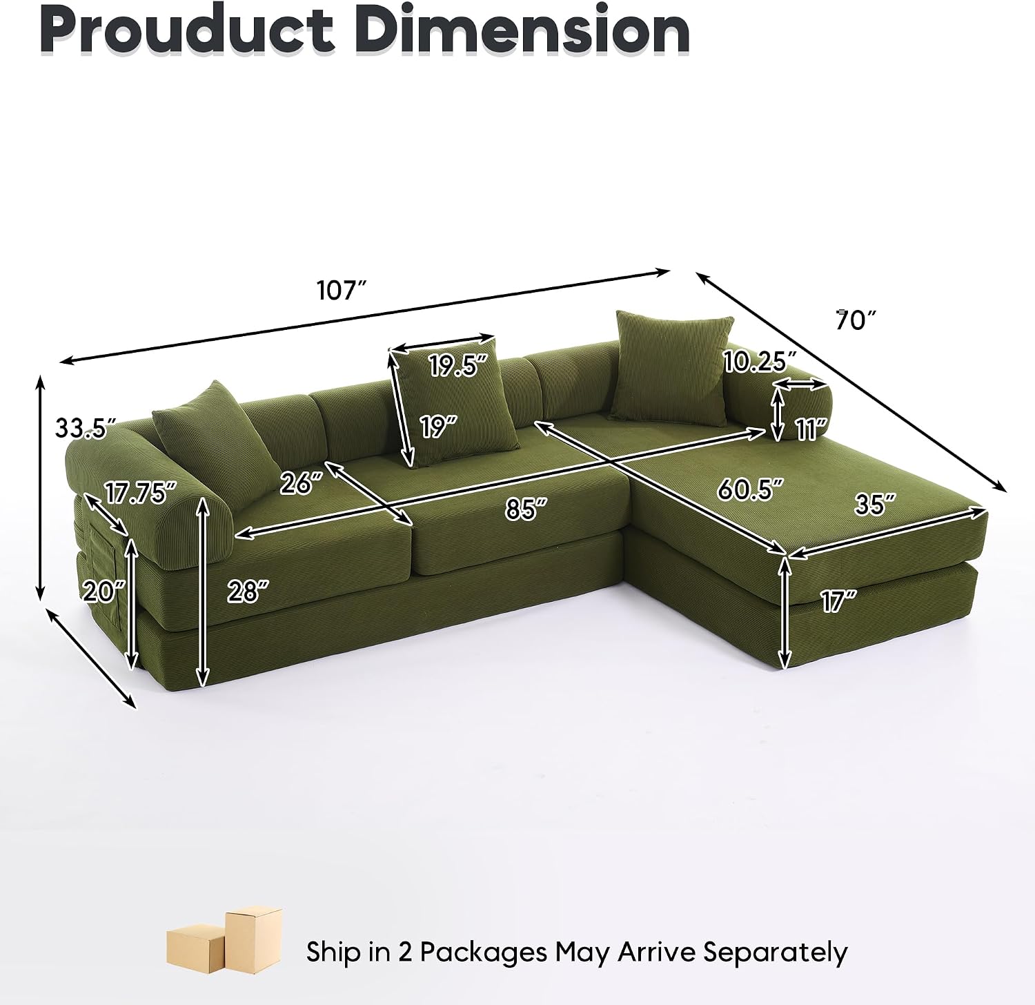 L Shaped Modular Sofa Bed with Cylindrical Pillow & Reversible Chaise, Corduroy Folding Floor Convertible Sofa Couch Bed with Fixed-Shape Frame & Storage Pocket for Living Room, Green