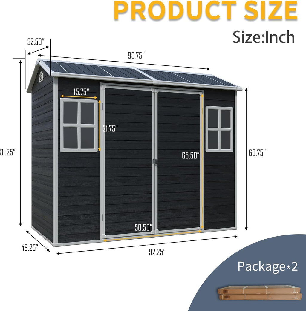 KUIKUI Outdoor Storage Shed with Floor, 4x8ft Resin Storage Sheds with 2 Windows and Lockable Door for Garden Tools, Backyard, Bike, Black