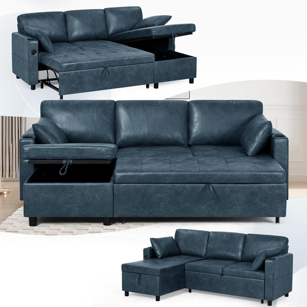 84' L-Shape Pull Out Sofa Bed with Adjustable Backrest, Upholstered Sectional Sleeper Sofa with Storage Chaise, Suede Leather Reversible Couch Bed with USB Port for Living Room, House, Blue