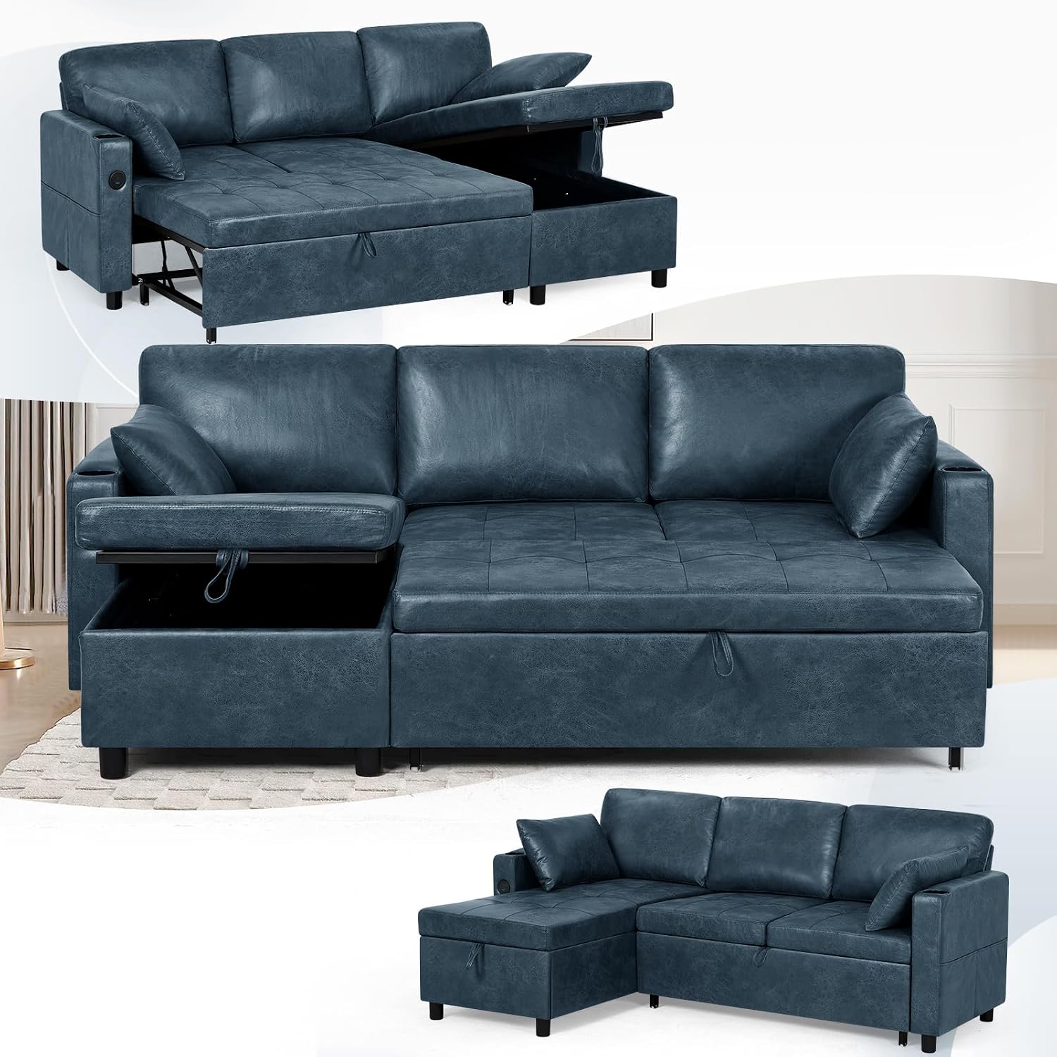 84' L-Shape Pull Out Sofa Bed with Adjustable Backrest, Upholstered Sectional Sleeper Sofa with Storage Chaise, Suede Leather Reversible Couch Bed with USB Port for Living Room, House, Blue