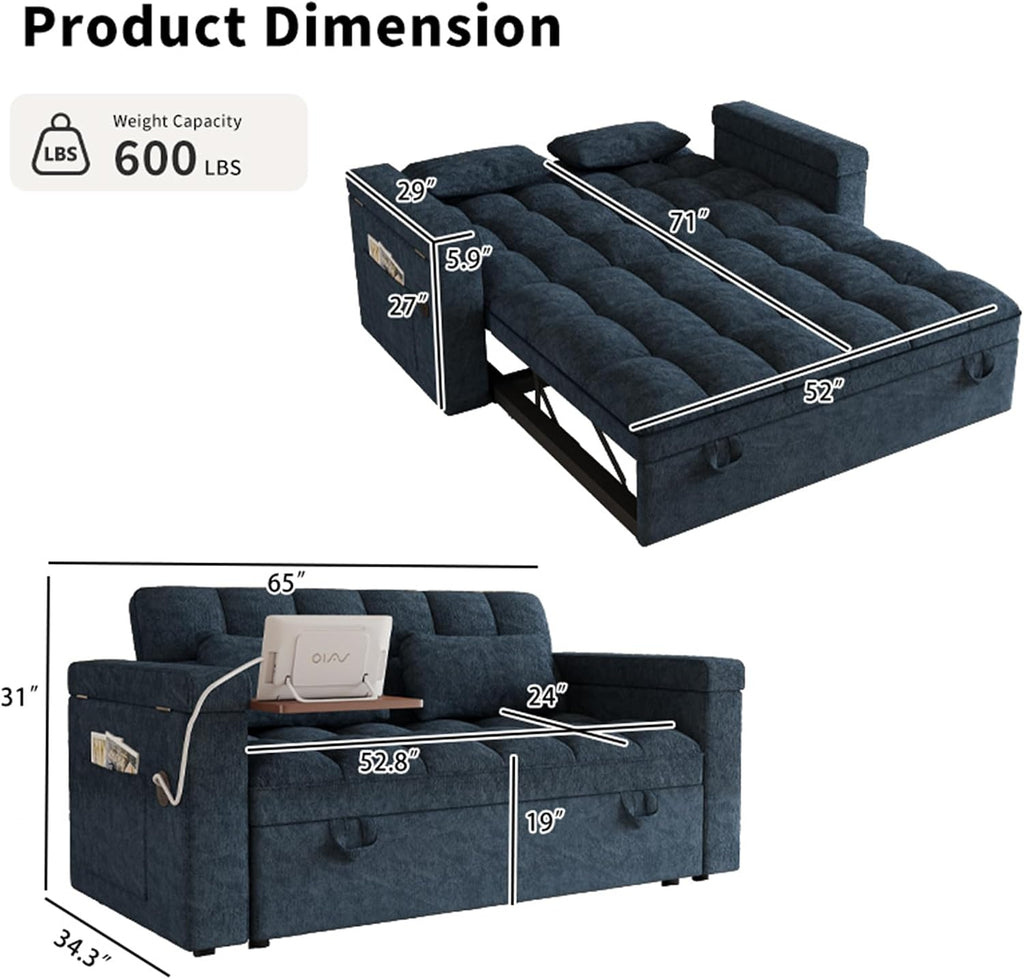 3 in 1 Convertible Sleeper Sofa, 65in Sleeper Couch with Pull Out Bed, Oversized Loveseat Futon Sofa Hide-A-Bed w/Adjustable Backrest, Storage Armrests and Laptop Table for Living Room, Blue | Sleeper Sofa, Pullout Couch Bed, Small Places